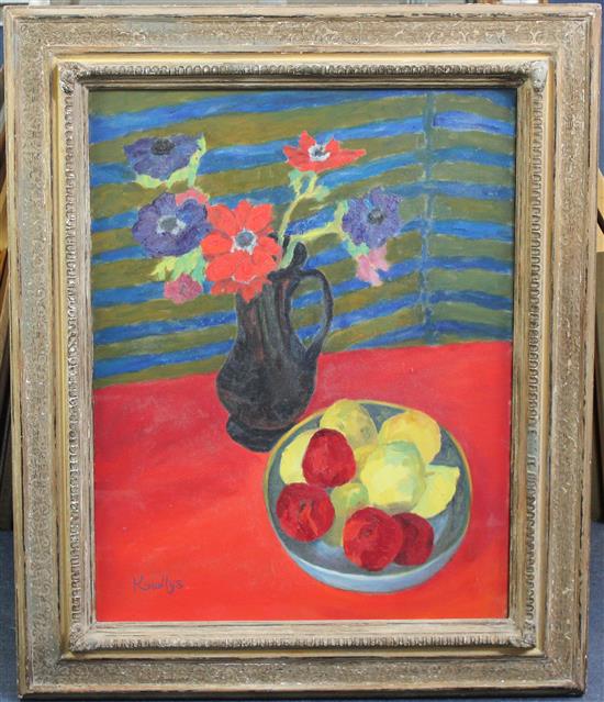 § Eardley Knollys (1902-1991) Still life with flowers and fruit, 26 x 20in.